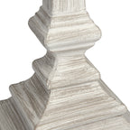 Close-up of the lamp's stepped base, showing fine linear marks and grey-brown tones beneath the pale rubbed-looking finish.