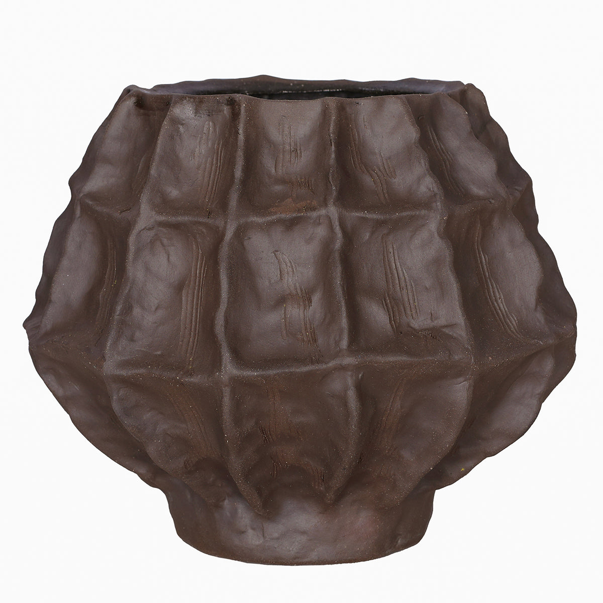 Front view of a rounded brown vase with irregular facets, scored surface detail and a narrow base against white.
