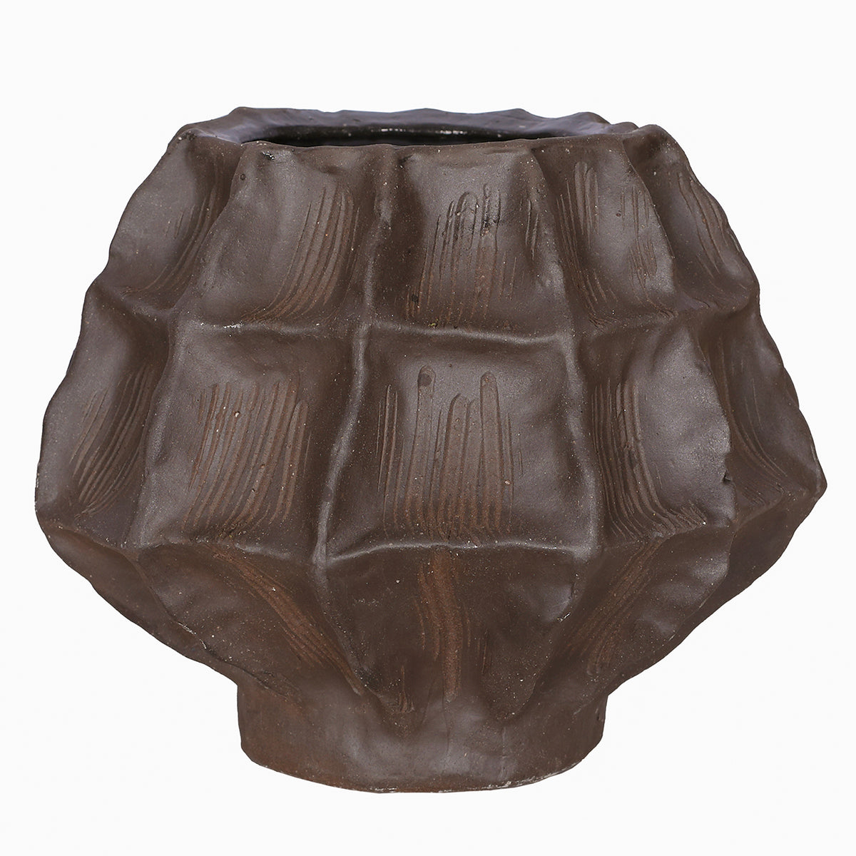 Front view of a squat deep brown vase with irregular facets and fine incised lines on a white background.