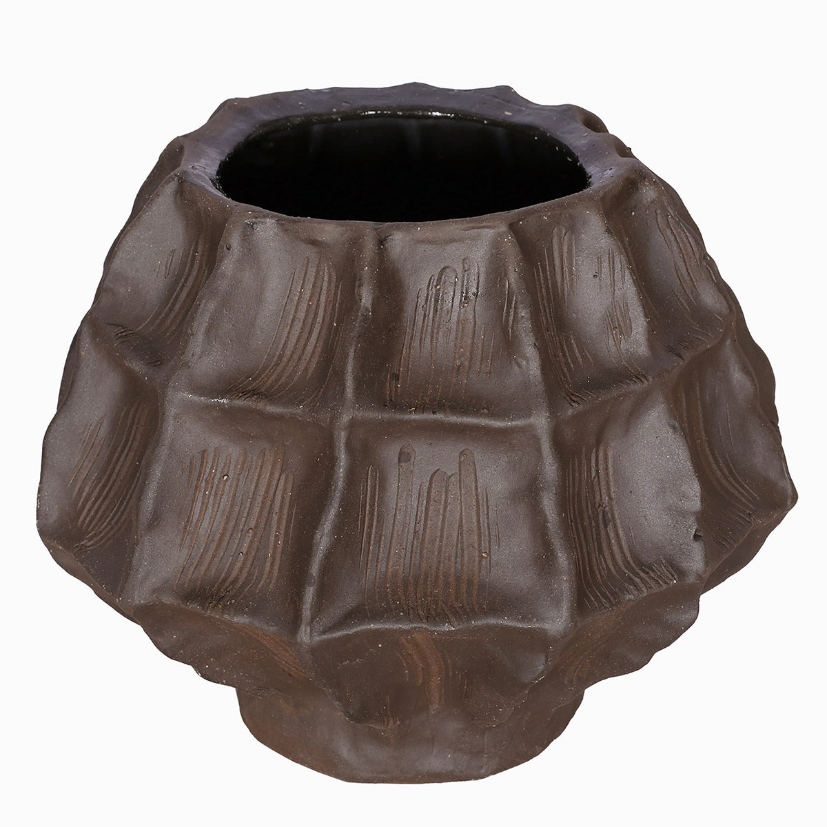 Elevated view of the brown faceted vase showing its round opening, dark interior and narrow base.