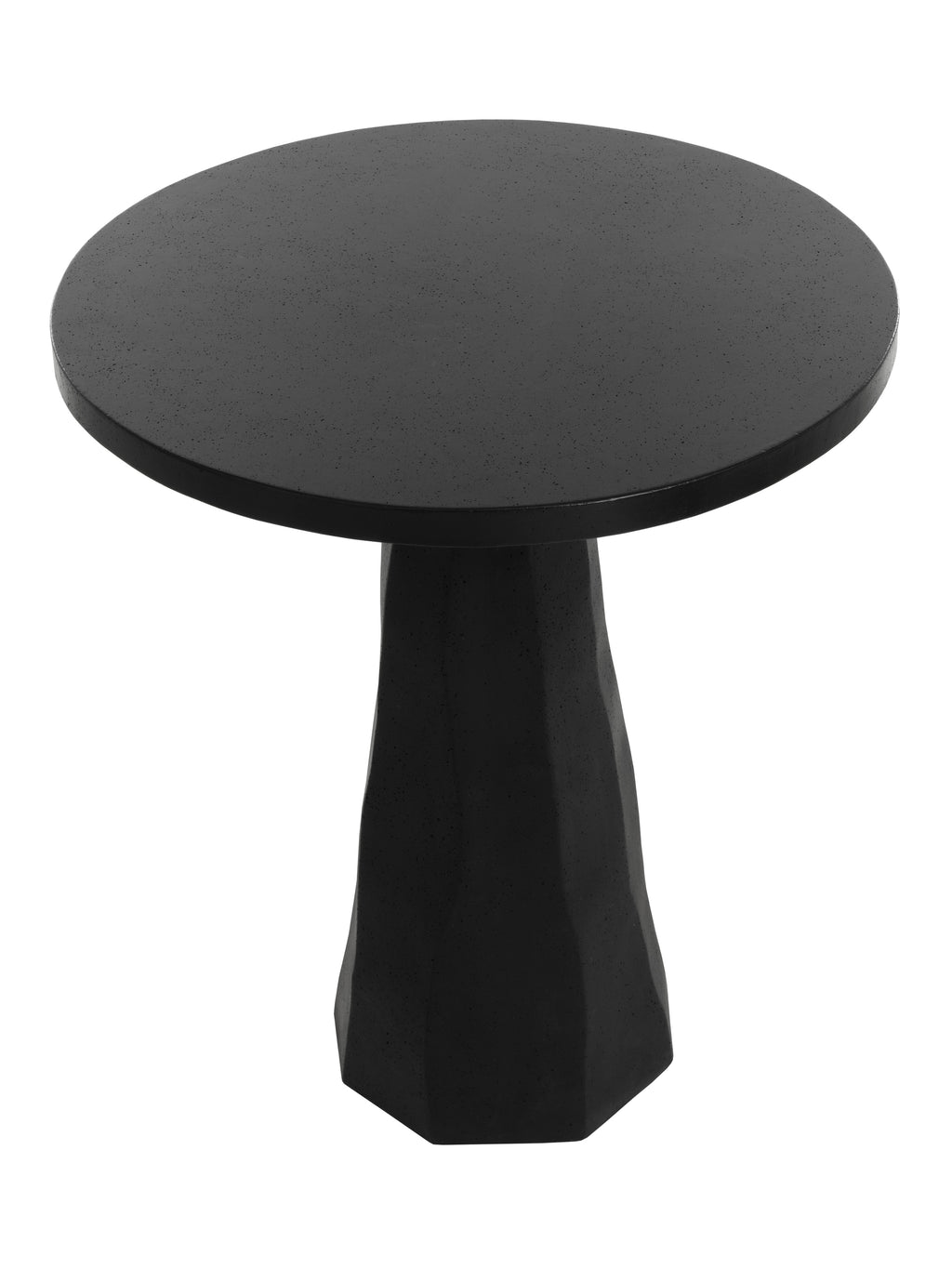Elevated view of the black bar table showing its circular pitted top and angular pedestal base.