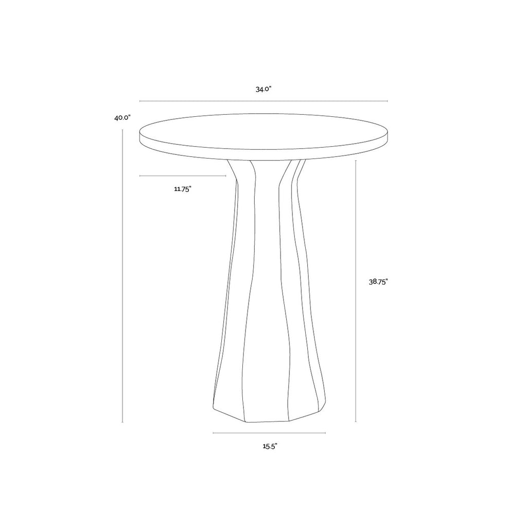 Dimensioned line drawing of the bar table showing its round top and tapered, faceted pedestal.