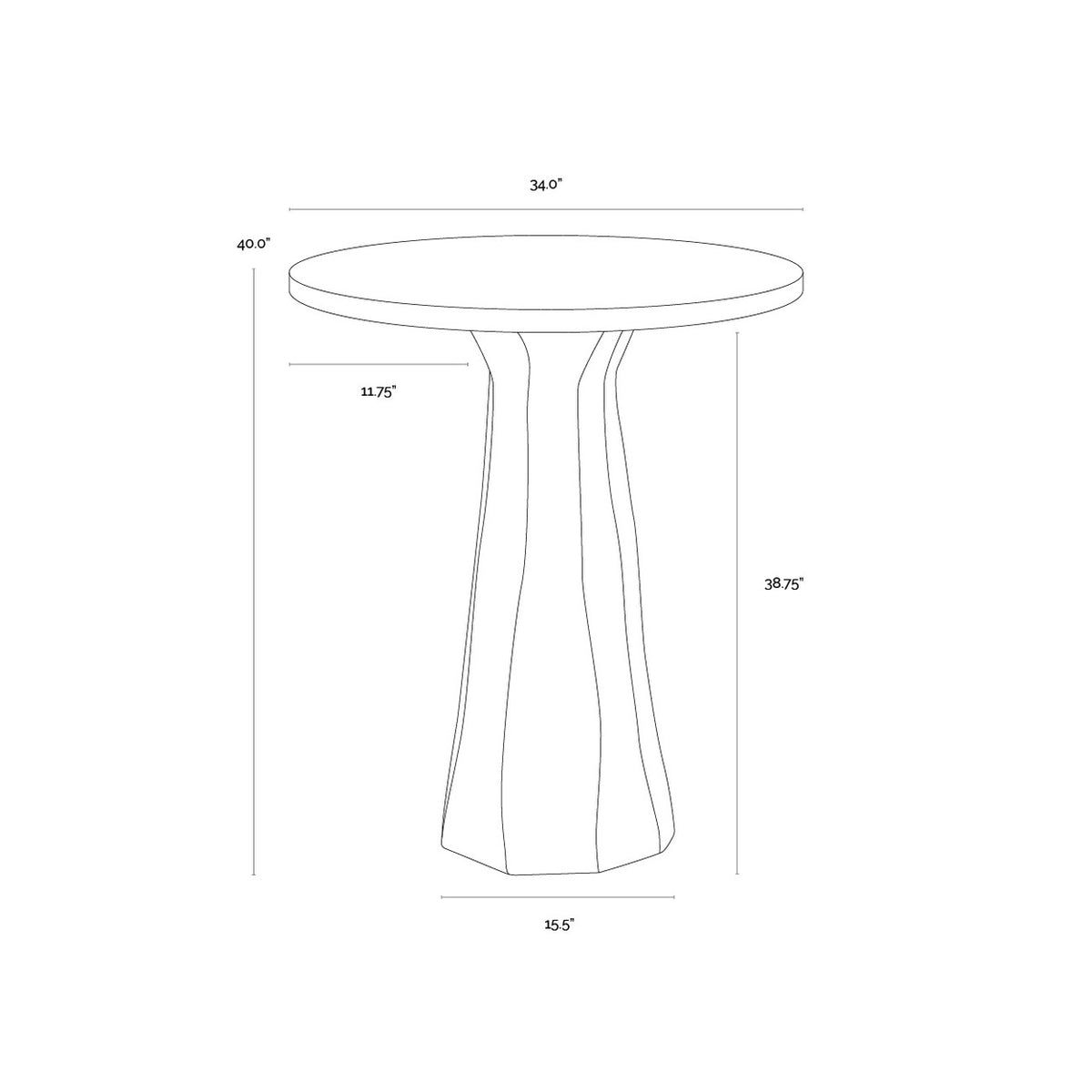 Dimensioned line drawing of the bar table showing its round top and tapered, faceted pedestal.