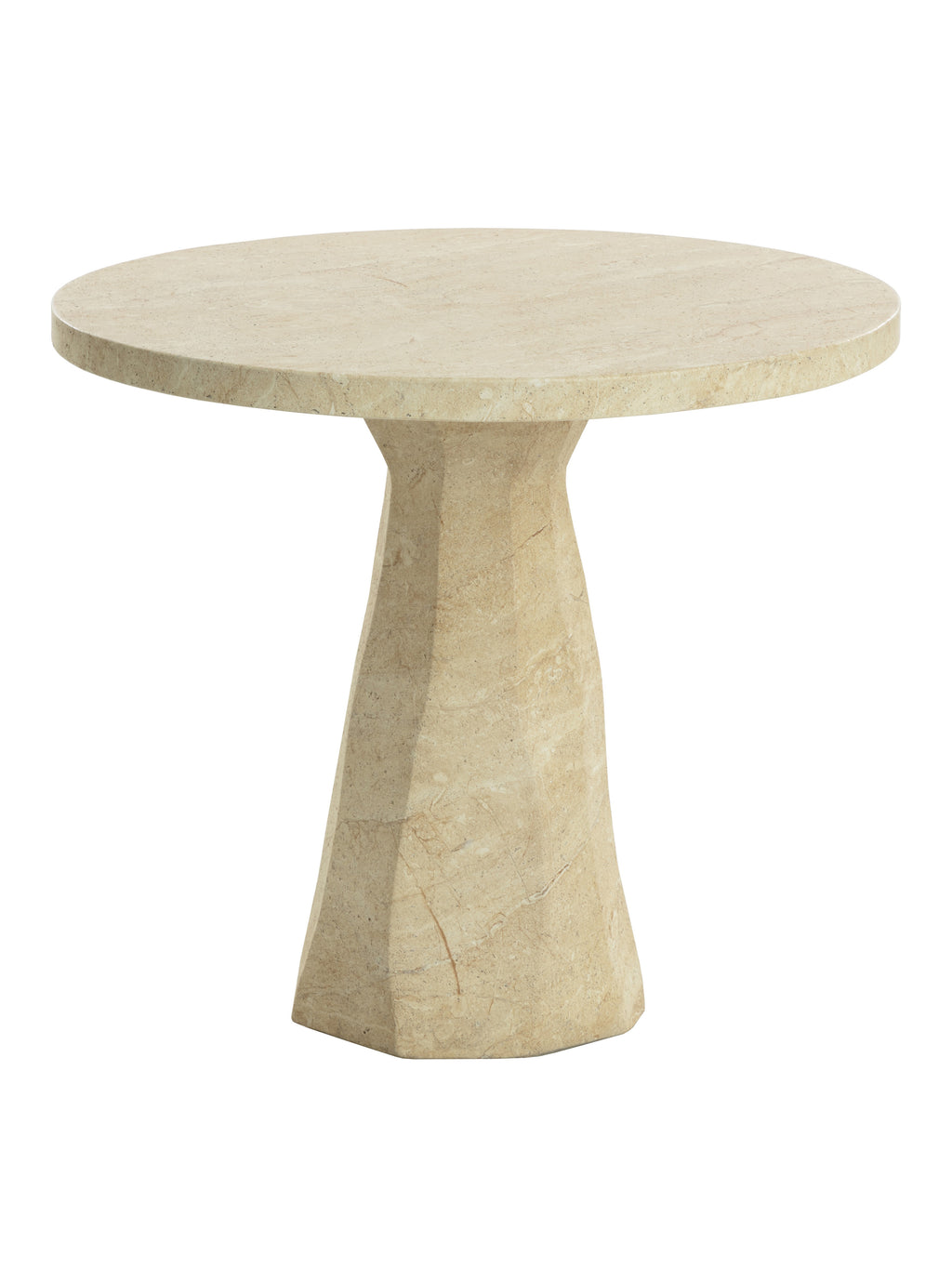 Taupe bistro table with a round top and tapered, faceted pedestal on a white background.