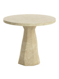 Taupe bistro table with a round top and tapered, faceted pedestal on a white background.