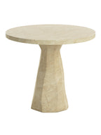 Taupe bistro table with a round top and tapered, faceted pedestal on a white background.
