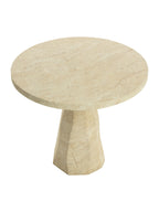 Bistro table viewed from above at an angle, showing the round top's pale stone-effect markings and angular base.