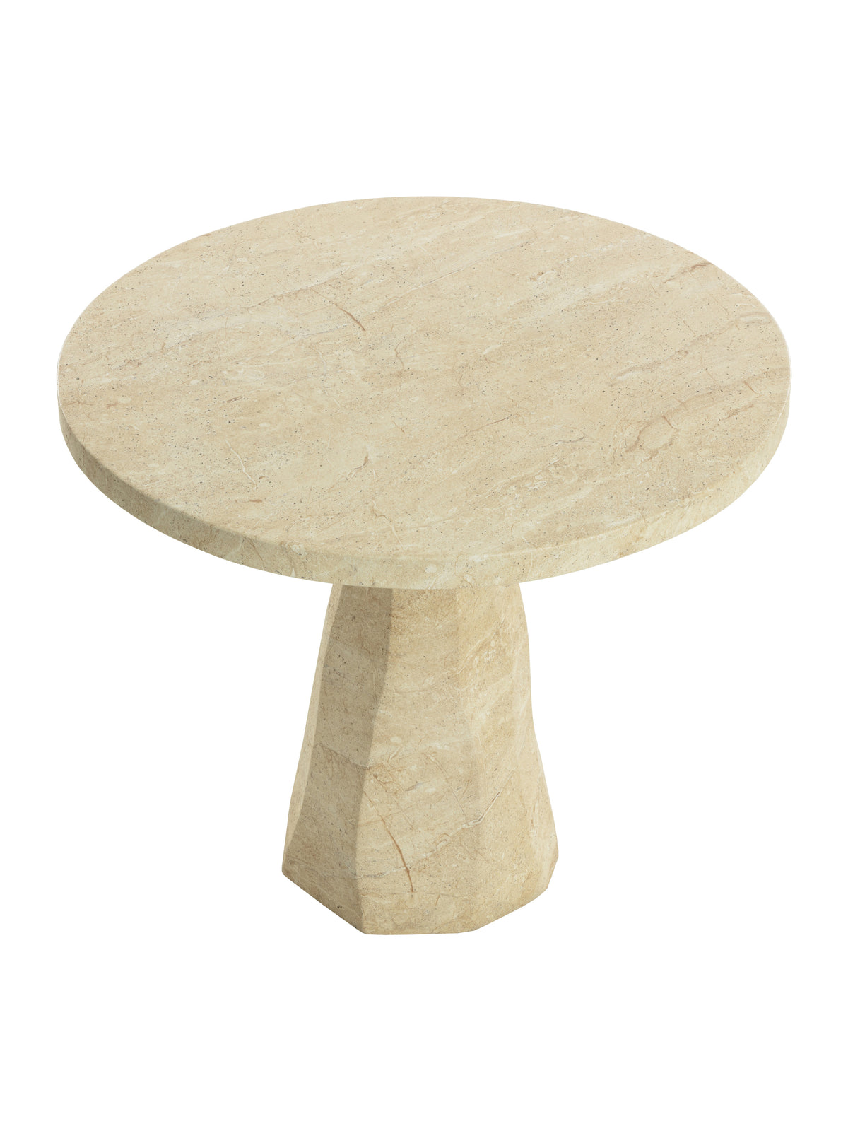 Bistro table viewed from above at an angle, showing the round top's pale stone-effect markings and angular base.