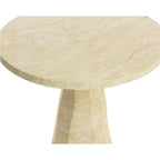 Close view of the tabletop edge and upper pedestal, showing fine speckles and veining in the taupe finish.