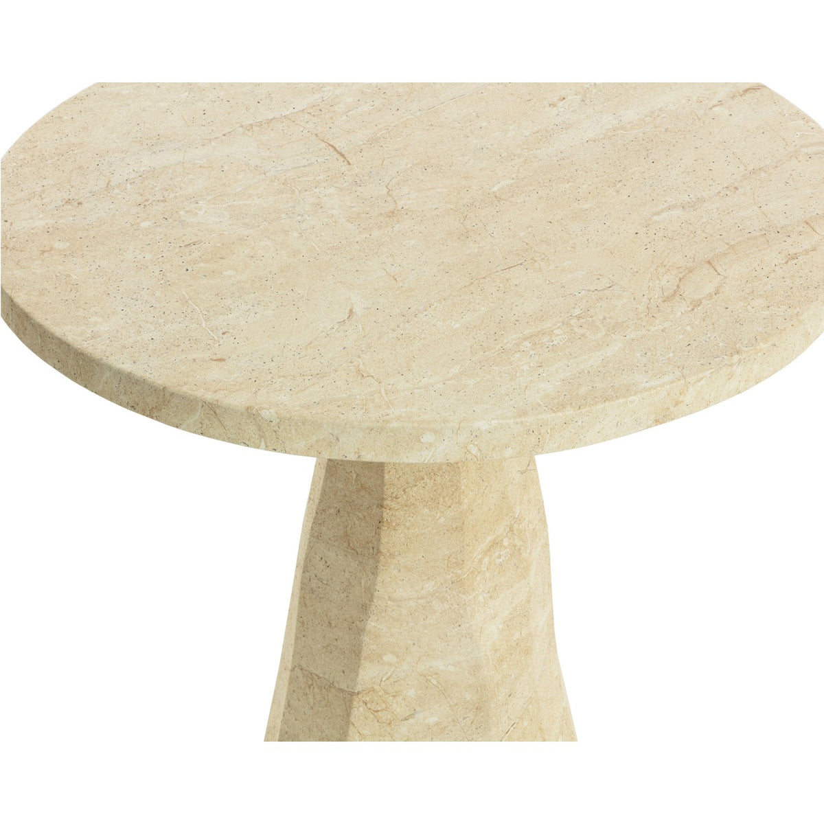 Close view of the tabletop edge and upper pedestal, showing fine speckles and veining in the taupe finish.