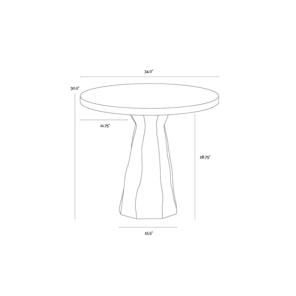Line drawing of the round bistro table and faceted pedestal with measurement guides.