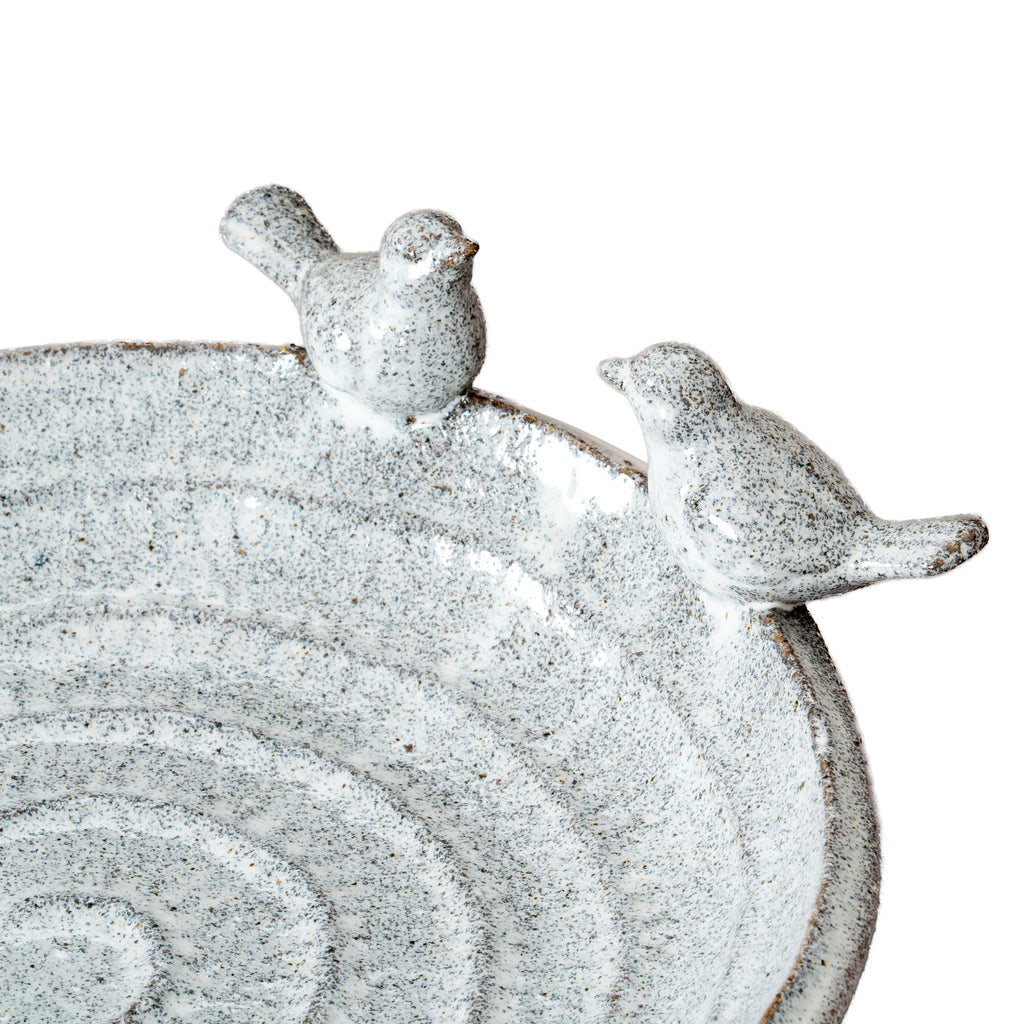 Angled close-up of both facing birds on the rim, showing the glossy pale surface, dark flecks and broad curved basin.