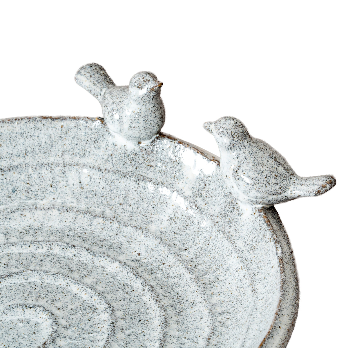 Angled close-up of both facing birds on the rim, showing the glossy pale surface, dark flecks and broad curved basin.