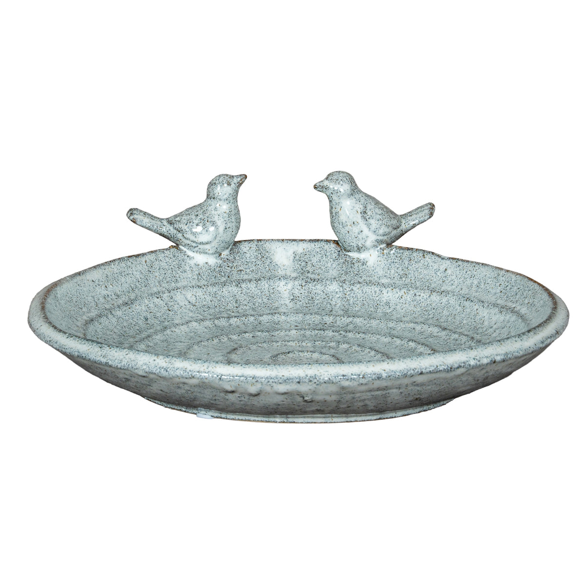 Full view of a shallow speckled bird bath with a rounded rim, low foot and two sculpted birds facing each other at the back.