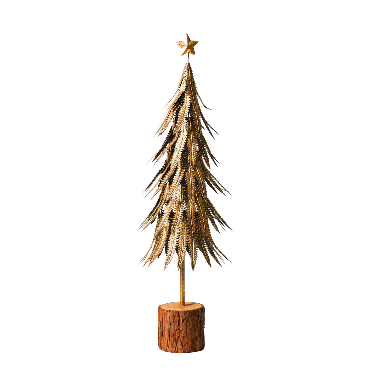 Full view of a gold tree sculpture with layered feather-like fronds, a star at the top and a cylindrical wooden base against white.
