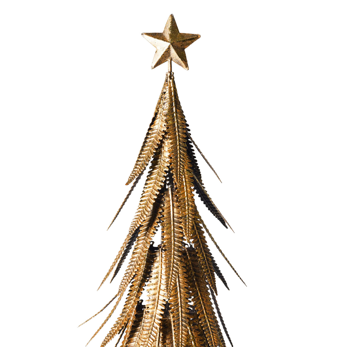 Close-up of the sculpted gold star and upper tree fronds, showing their ridged texture and finely cut edges against white.