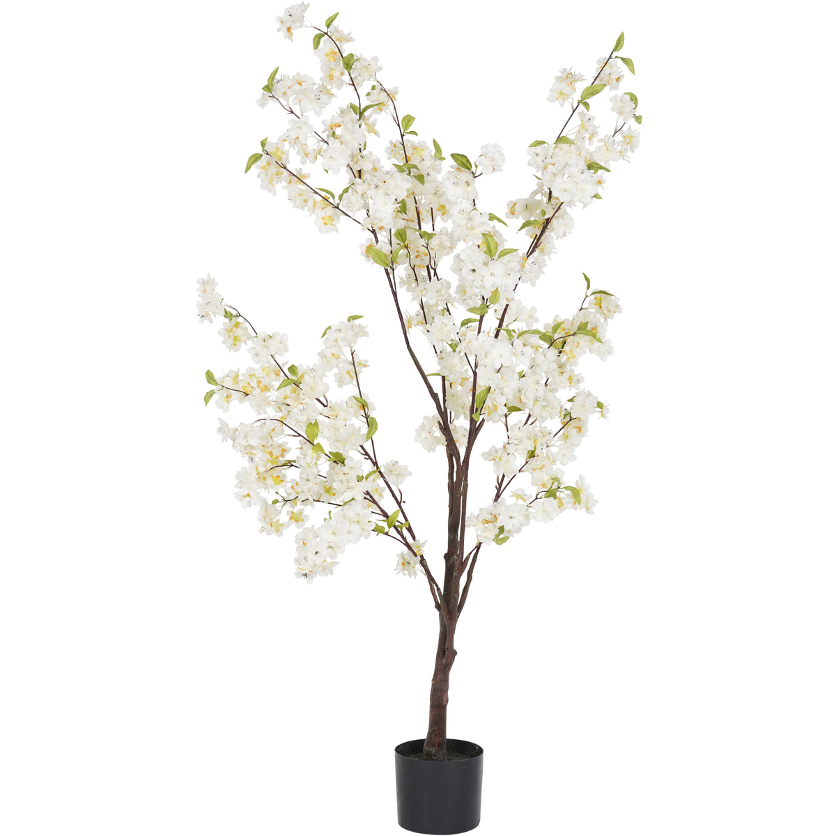 Full view of an artificial cherry blossom tree with numerous blossoms, scattered green leaves and slender branches rising from a dark textured trunk, against a plain white background.