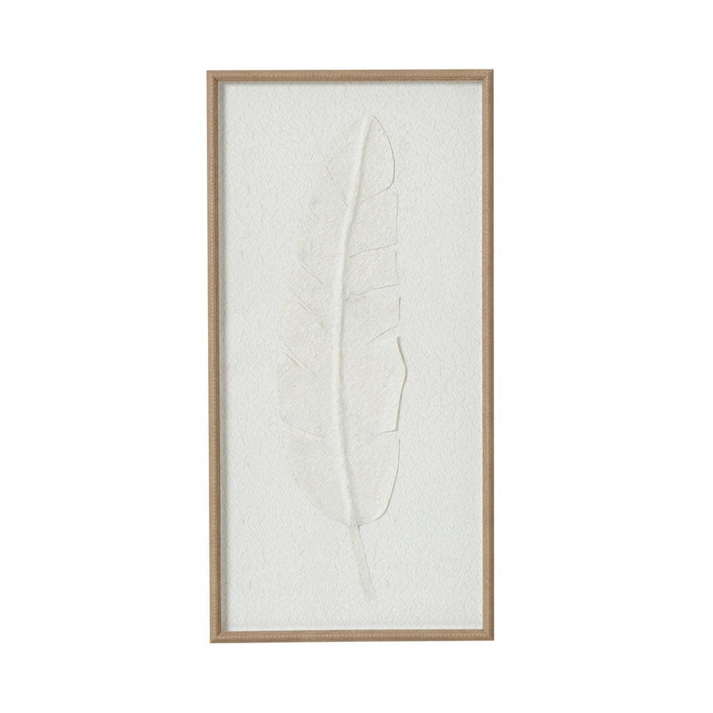 Front view of tall framed artwork with a single pale feather on a rippled white background and a warm-beige border.