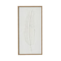 Front view of tall framed artwork with a single pale feather on a rippled white background and a warm-beige border.