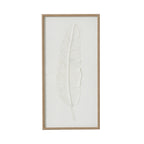 Front view of tall framed artwork with a single pale feather on a rippled white background and a warm-beige border.