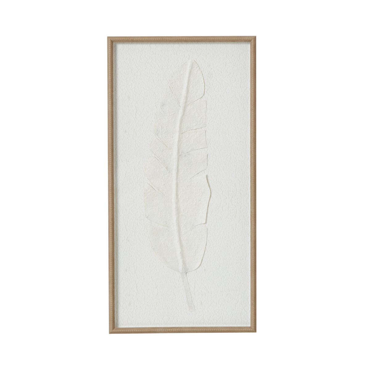 Front view of tall framed artwork with a single pale feather on a rippled white background and a warm-beige border.