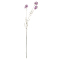 Artificial flower stem on a white background, with a long pale grey-green stalk, fine fern-like foliage and three branching purple flower clusters.