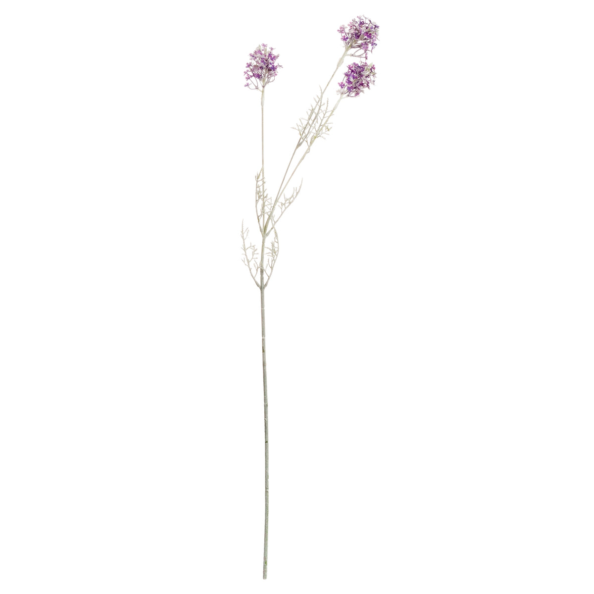 Artificial flower stem on a white background, with a long pale grey-green stalk, fine fern-like foliage and three branching purple flower clusters.
