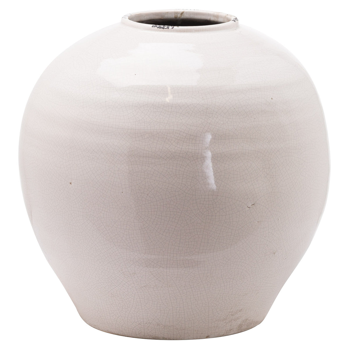 Rounded cream vase on a white background, showing fine crackle lines across the body and dark distressed marks around the short neck.