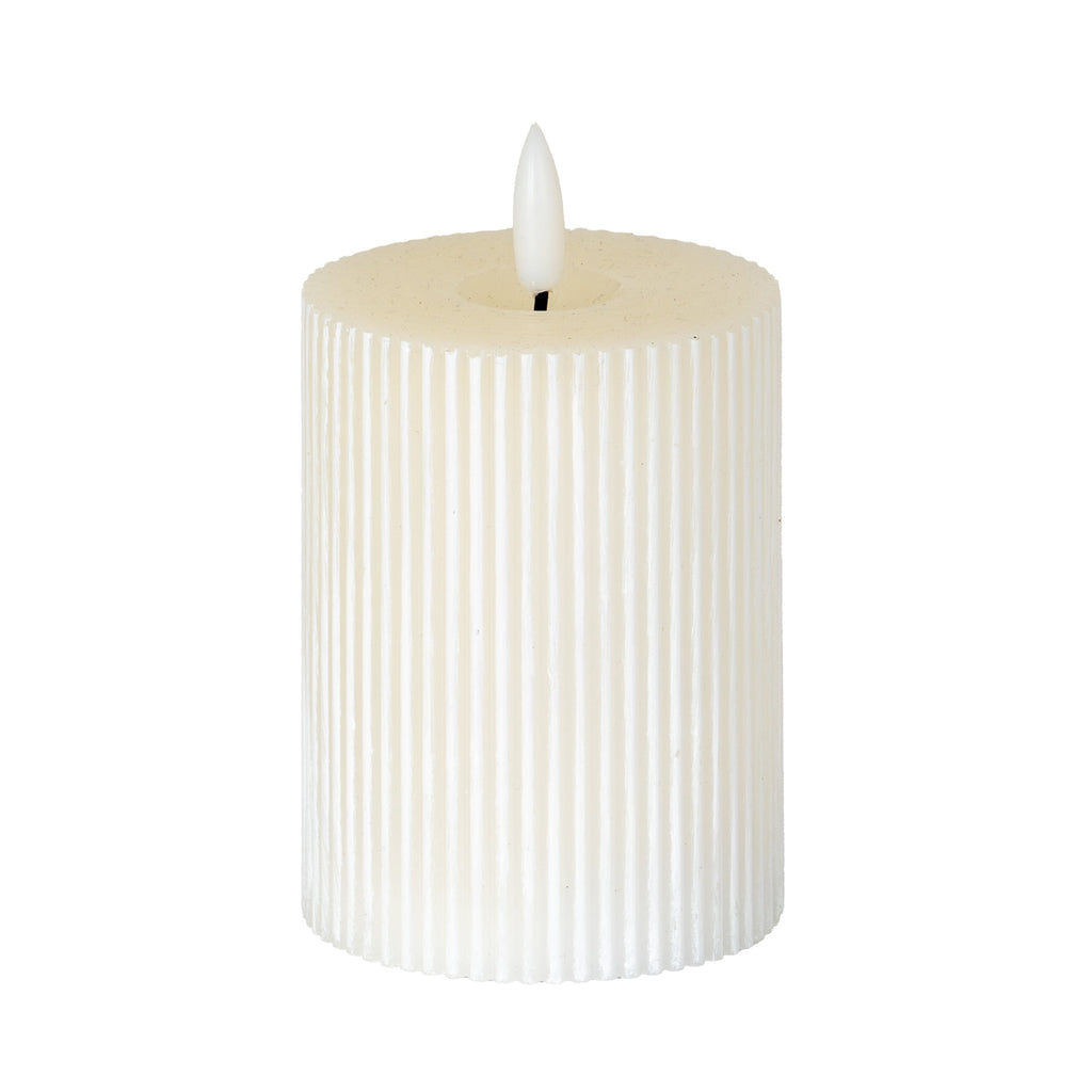 Warm-white ribbed LED candle on a white background, with a shallow top recess and white flame-shaped element on a short dark stem.
