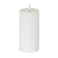 Warm-white LED pillar candle with fine vertical ribs, a shallow top recess and a white flame-shaped element against a white background.