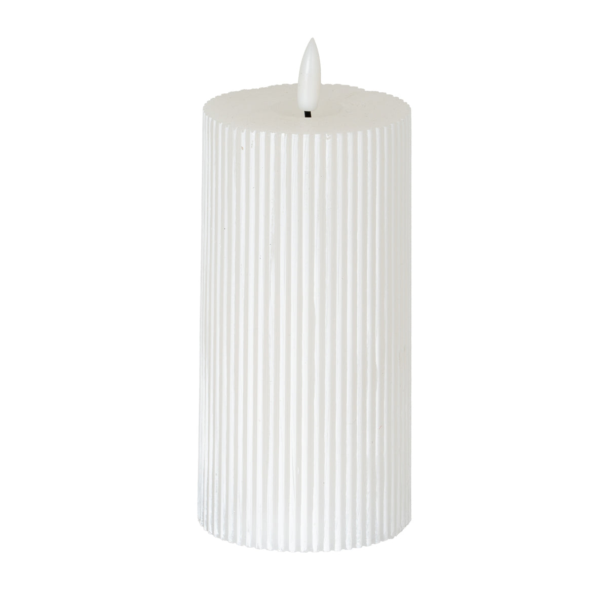 Warm-white LED pillar candle with fine vertical ribs, a shallow top recess and a white flame-shaped element against a white background.