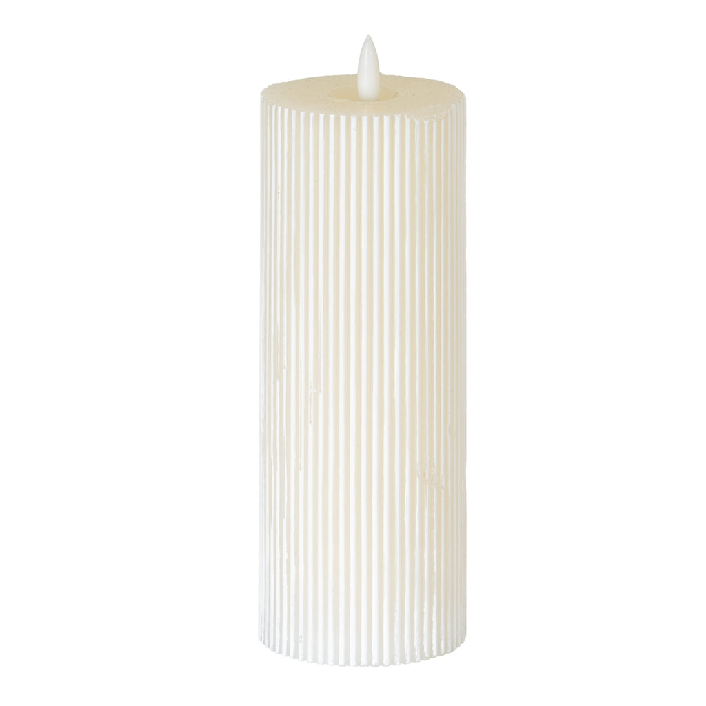 Tall warm-white LED candle with fine vertical ribs, a shallow recessed top and a white flame-shaped element against a white background.