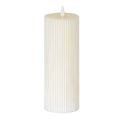 Tall warm-white LED candle with fine vertical ribs, a shallow recessed top and a white flame-shaped element against a white background.