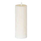 Tall warm-white LED candle with fine vertical ribs, a shallow recessed top and a white flame-shaped element against a white background.