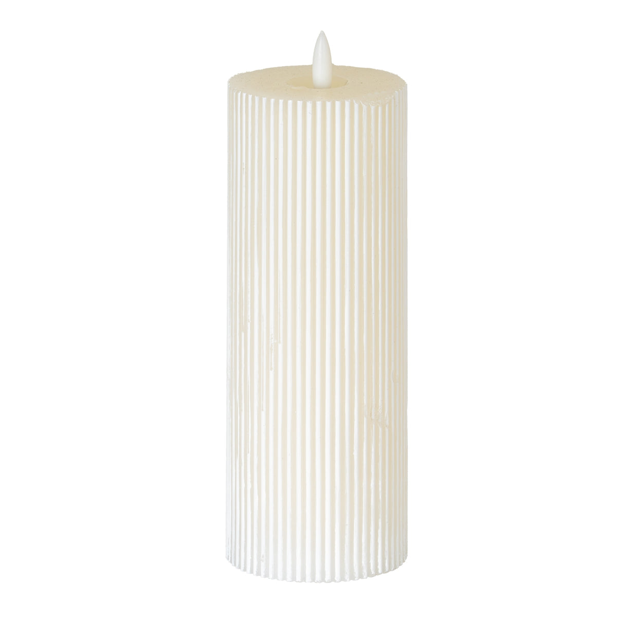 Tall warm-white LED candle with fine vertical ribs, a shallow recessed top and a white flame-shaped element against a white background.