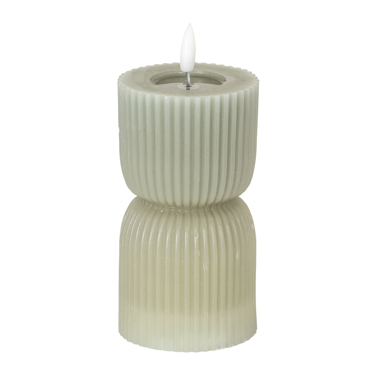 Grey-green LED candle with fine vertical ribs, an hourglass profile and a white flame-shaped element above its recessed top.