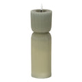 Grey-green LED candle on a white background, showing fine vertical ribbing, a narrow waist and a white flame-shaped top.