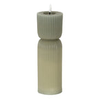 Grey-green LED candle on a white background, showing fine vertical ribbing, a narrow waist and a white flame-shaped top.