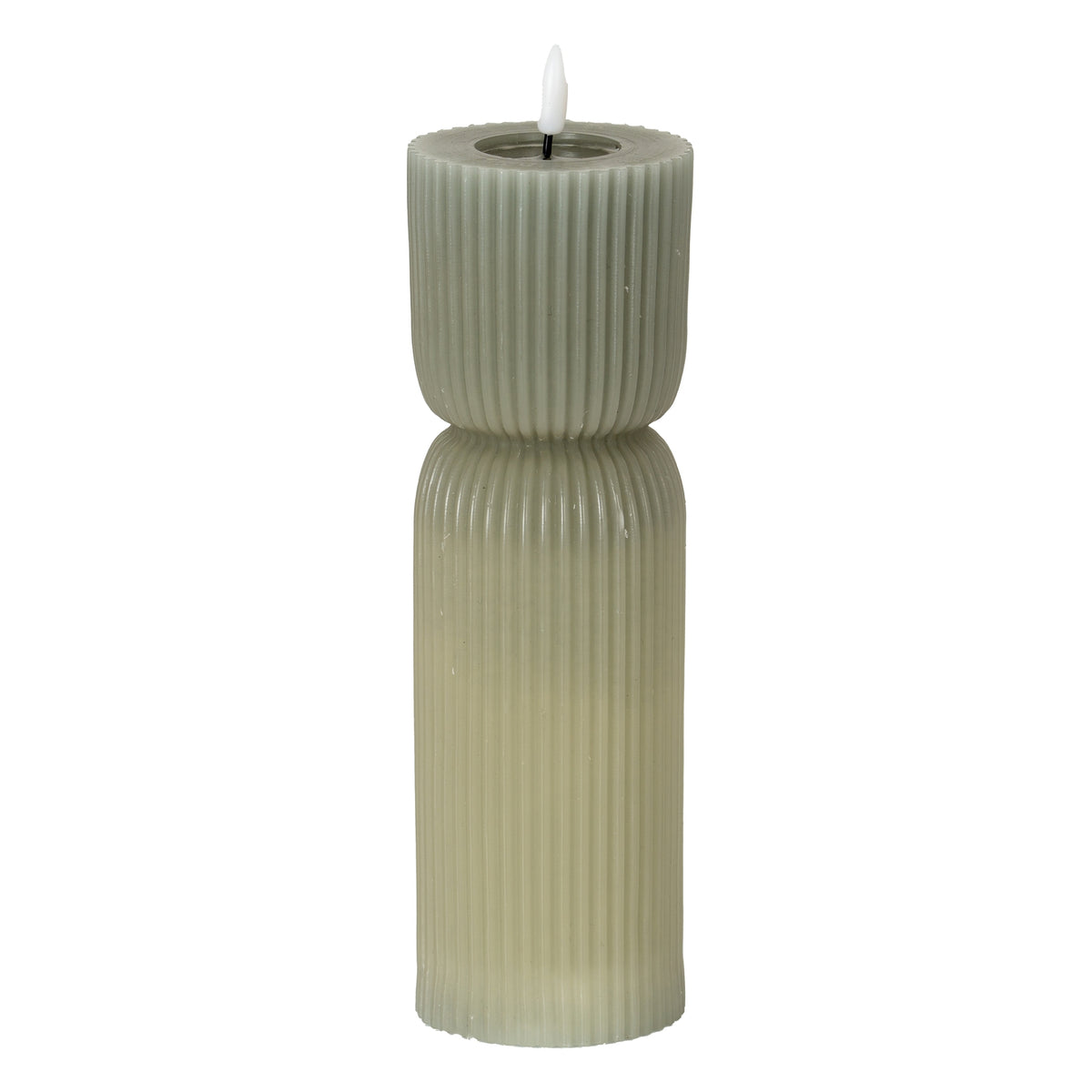 Grey-green LED candle on a white background, showing fine vertical ribbing, a narrow waist and a white flame-shaped top.