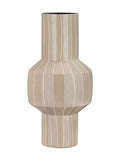 Beige vase with fine pale vertical stripes, a long cylindrical neck, broad angular body and narrow cylindrical foot on a white background.