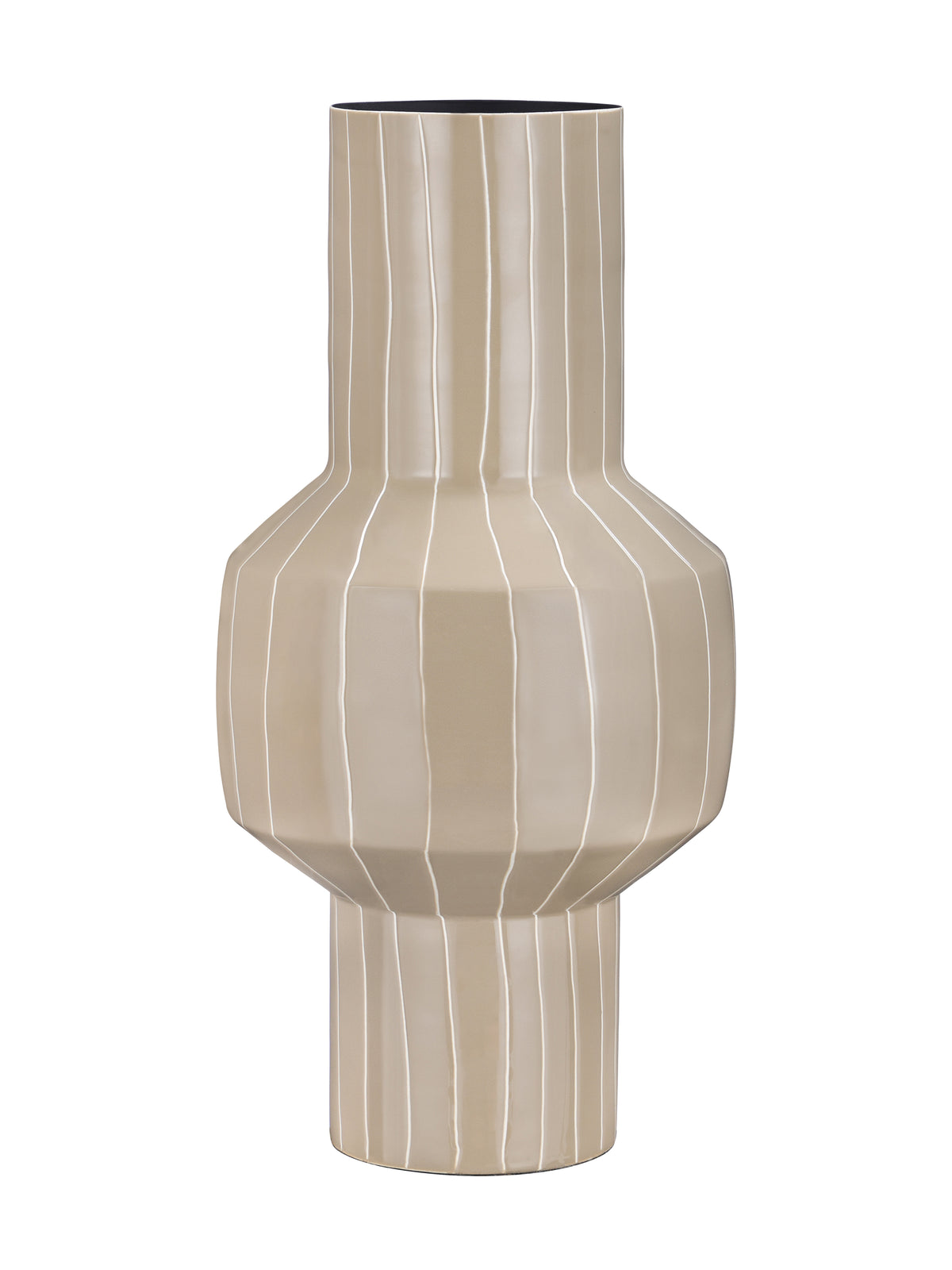 Beige vase with fine pale vertical stripes, a long cylindrical neck, broad angular body and narrow cylindrical foot on a white background.