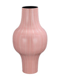 Glossy pastel pink vase with fine pale vertical stripes, a rounded middle, slim neck and tapered base, shown against a white background.