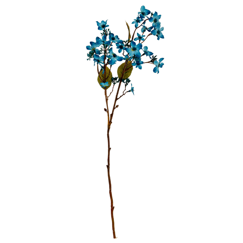 Full view of a blue artificial flower spray with a long brown stem, branching blossom clusters and broad olive-green leaves against white.