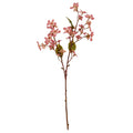 Full view of a pink artificial blossom spray with a long reddish-brown stem, fine spreading branches and olive-green leaves against white.
