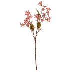Full view of a pink artificial blossom spray with a long reddish-brown stem, fine spreading branches and olive-green leaves against white.