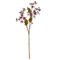 Full view of the purple artificial flower spray, with a long brown stem branching into small blossoms and olive-green leaves against white.
