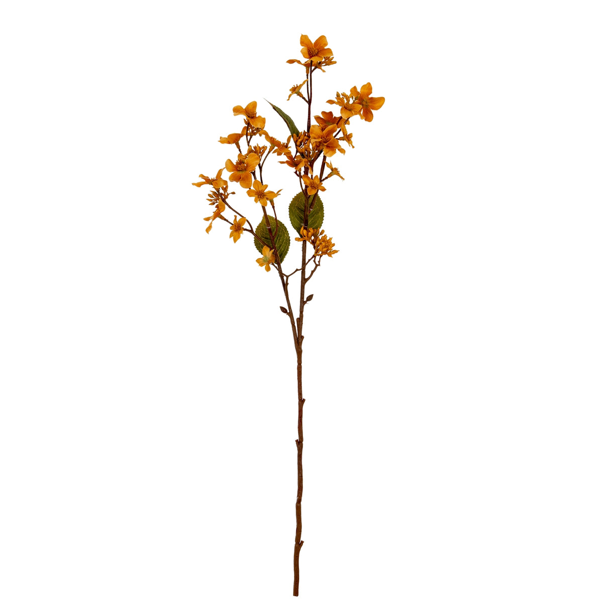 Full view of the yellow artificial flower spray, with a long reddish-brown stem, fine flowering branches and olive-green leaves against white.
