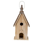 Straight-on front view of the birdhouse with a circular upper opening, projecting dowel and arched lower opening beneath the steep roof.