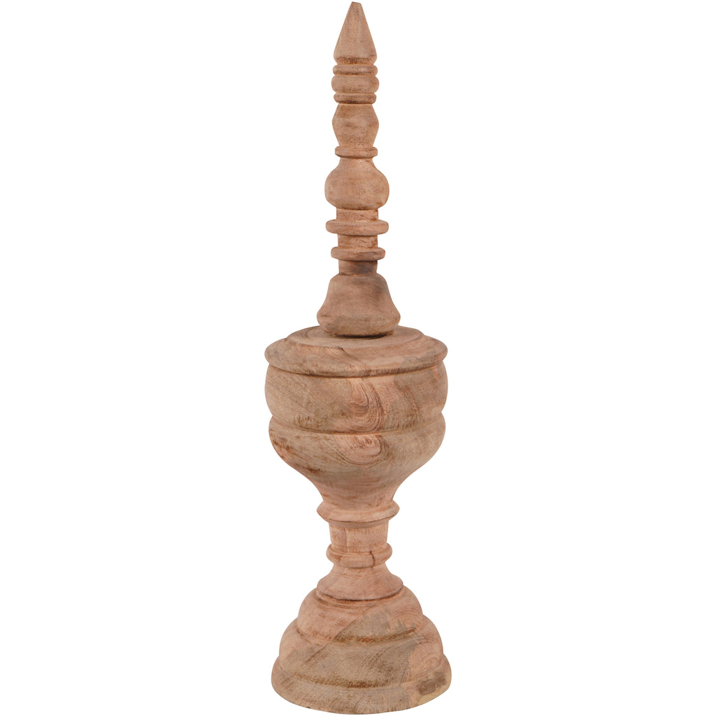 Full view of a pale wooden finial sculpture with a pointed top, carved rings, rounded body and circular stepped base.