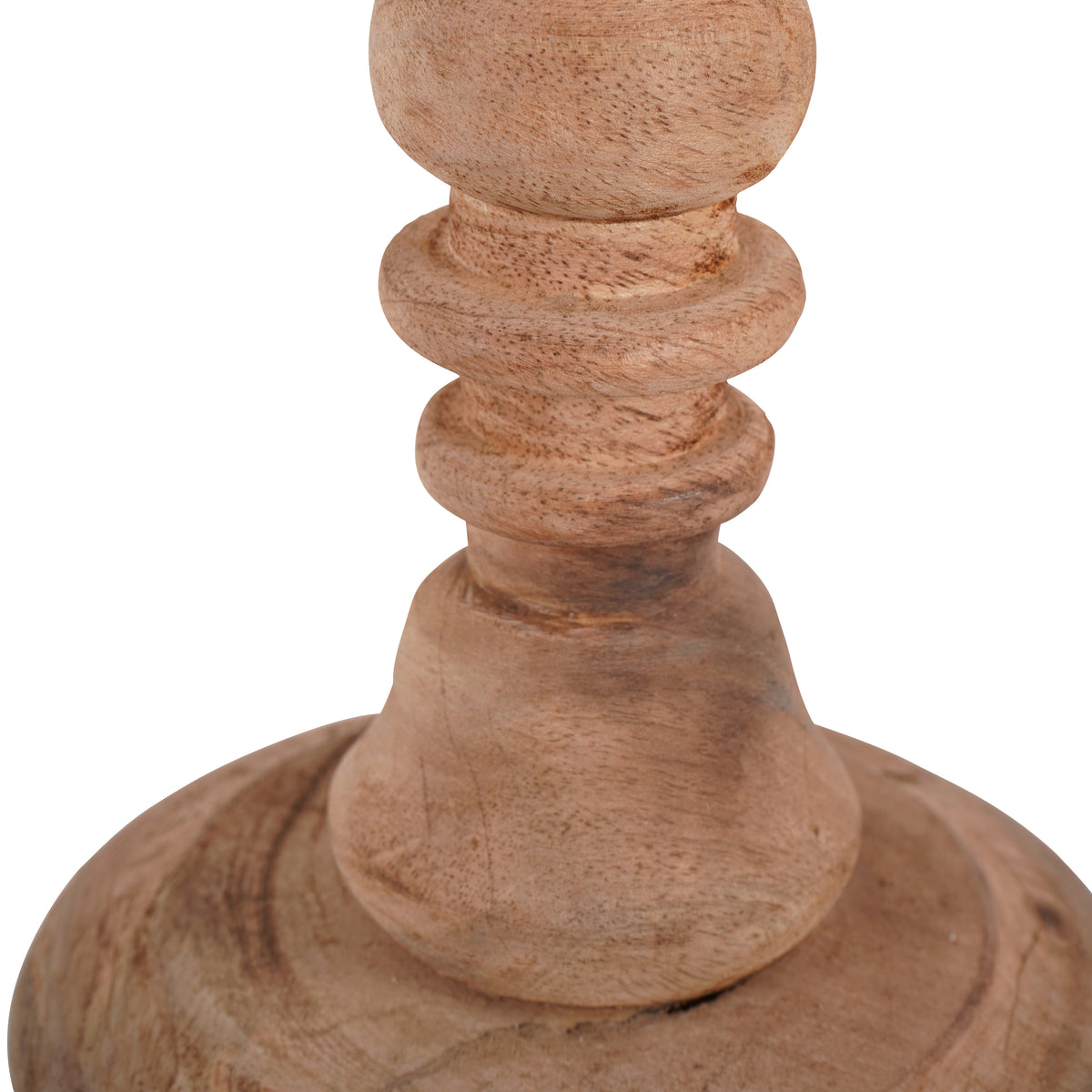 Close-up of the finial's upper carved rings and tapered section, showing the textured wood surface above the rounded body.